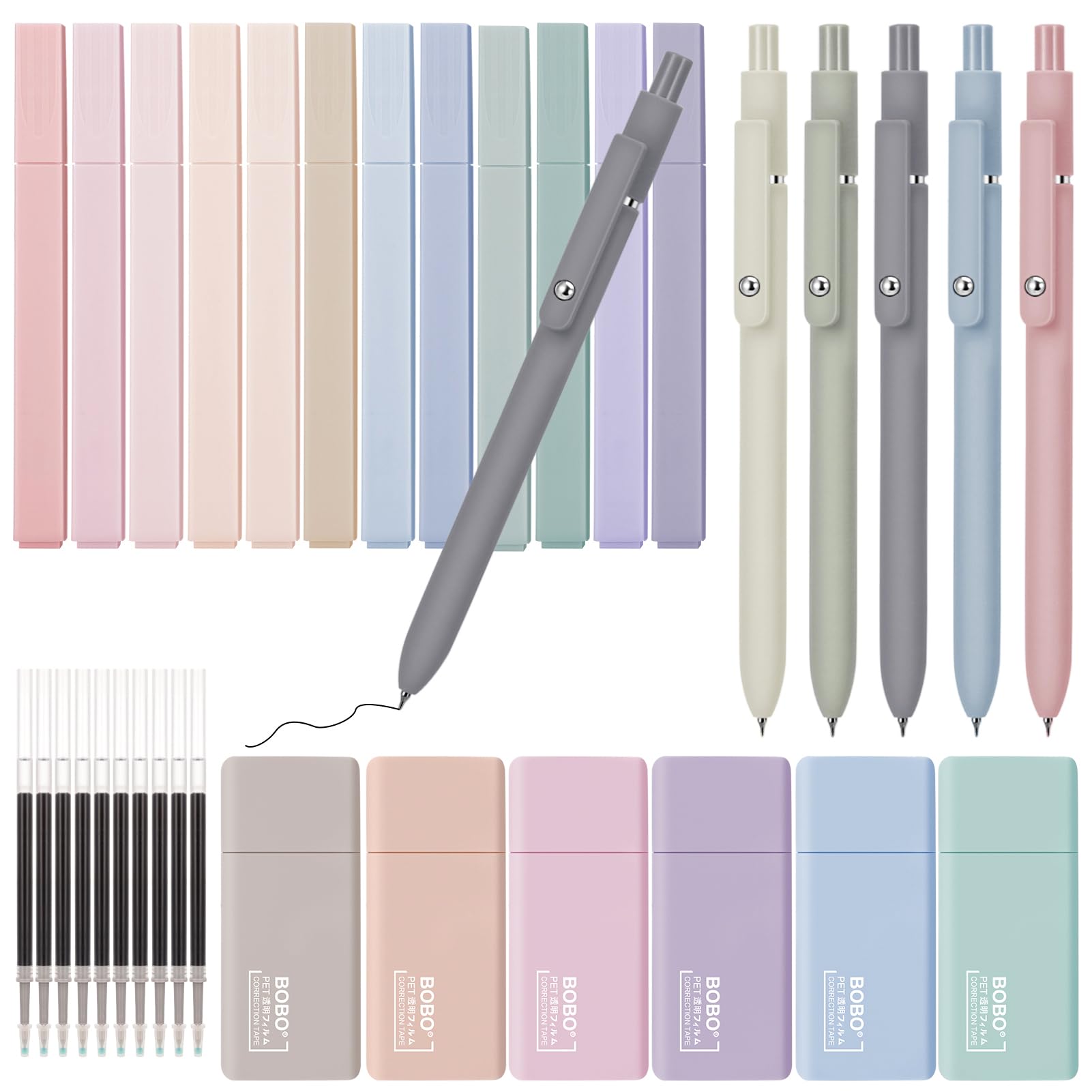 33 Stück Pastell Textmarker Set mit 10 Ersatzminen & 6 Korrekturbändern für Journaling Schule Büro