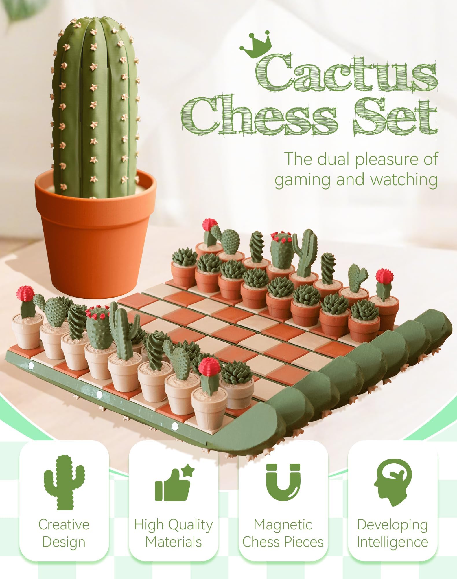 CactiChess - Juego de ajedrez Enrollable con Cactus, Juego de ajedrez con 32 Piezas Impresas en 3D, Tablero de ajedrez magnético Plegable, reuniones Familiares y de Pareja (1pcs)