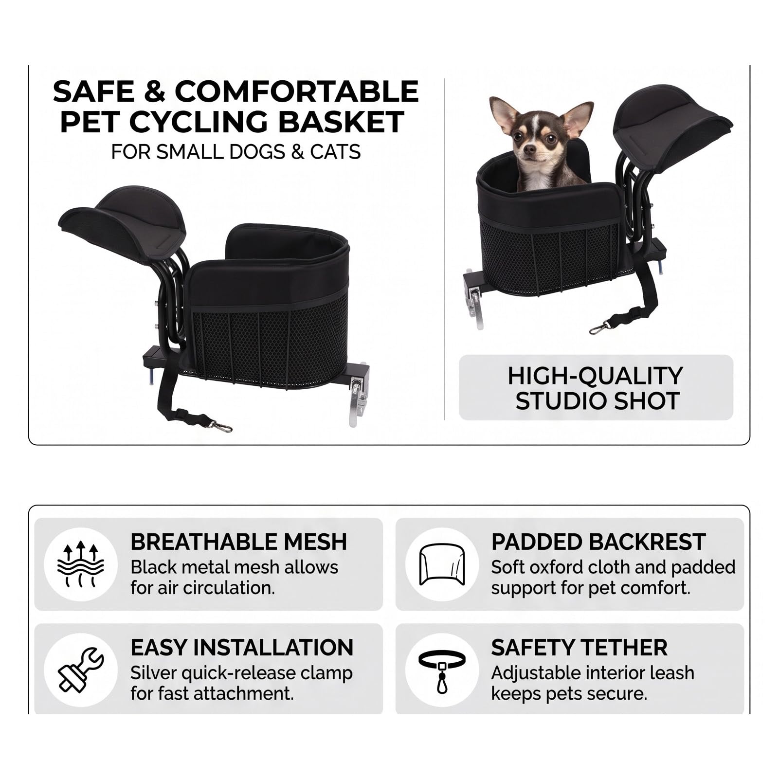Hundekorb Fahrrad Vorne bis 10KG für kleine Katzen und Hunde, robuster Frontkorb mit Sicherheitsleine gepolstertem Sitzkissen und stabilem Metallrahmen für Fahrradtouren (MAX10KG)