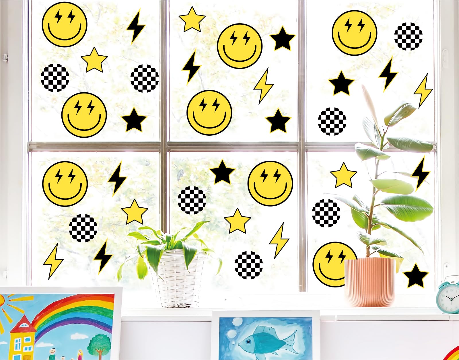 JarThenaAMCS One Happy Dude Window Clings Black Yellow Smile Face Lightning Star Checkered Dot Window Stickers Double-Side Preppy Glass Decals for Home Party Decor, 6 Sheets