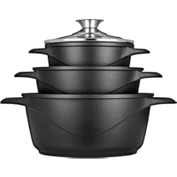 Bateria De Cocina El Volcan Smile MGK18 - Batería de Cocina Inducción 6 Piezas Aluminio Fundido, 3 ollas, Tapas de Vidrio Templado, Revestimiento Antiadherente, Apta para Todo tTpo de Cocinas, Libre PFOA