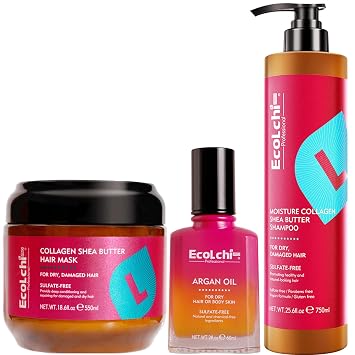 Ecolchi Collagen Hair Mask, Shampoo and Argan Oil Set Natural Ingredient Collagen Deep Conditioning Hair Treatment Shampoo Argan Oil Set for Dry and Damaged All Hair Types 550+60+750ml