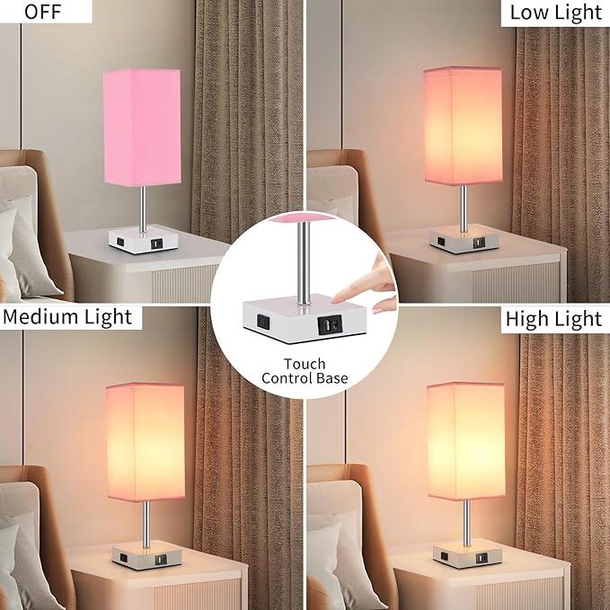 Woderdeng Touch Control Bedside Lamp - 3-Way Dimmable Table Lamps with USB C+A Port and Outlet, Nightstand Lamp for Bedroom Decor and Living Room,Pink photo 2