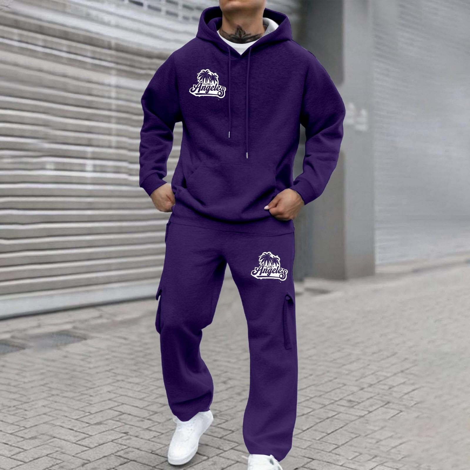 Generisch Męski dres do joggingu, bluza z kapturem, spodnie do biegania, jednokolorowy, dres treningowy, strój rekreacyjny, przewiewna bawełna, ciepła bawełna Y2K, kieszenie, kaptur, zestaw dresowy