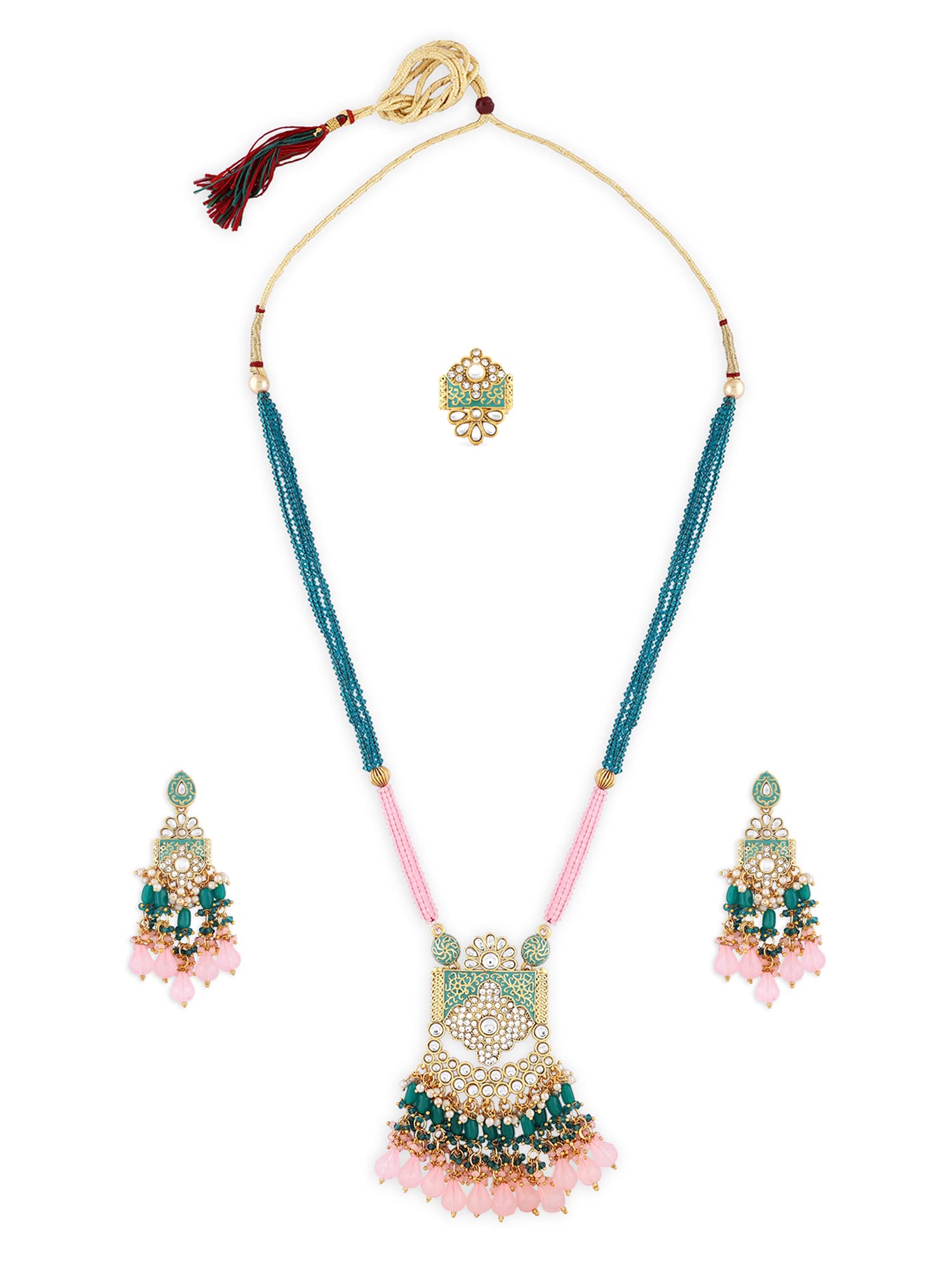ZAVERI PEARLS Green Pink Multistrand Crystal Beaded Kundan Meenakari Necklace Earring Ring Set For Women-ZPFK16024 (B0C4TTJQFG) Amazon Price History, Amazon Price Tracker