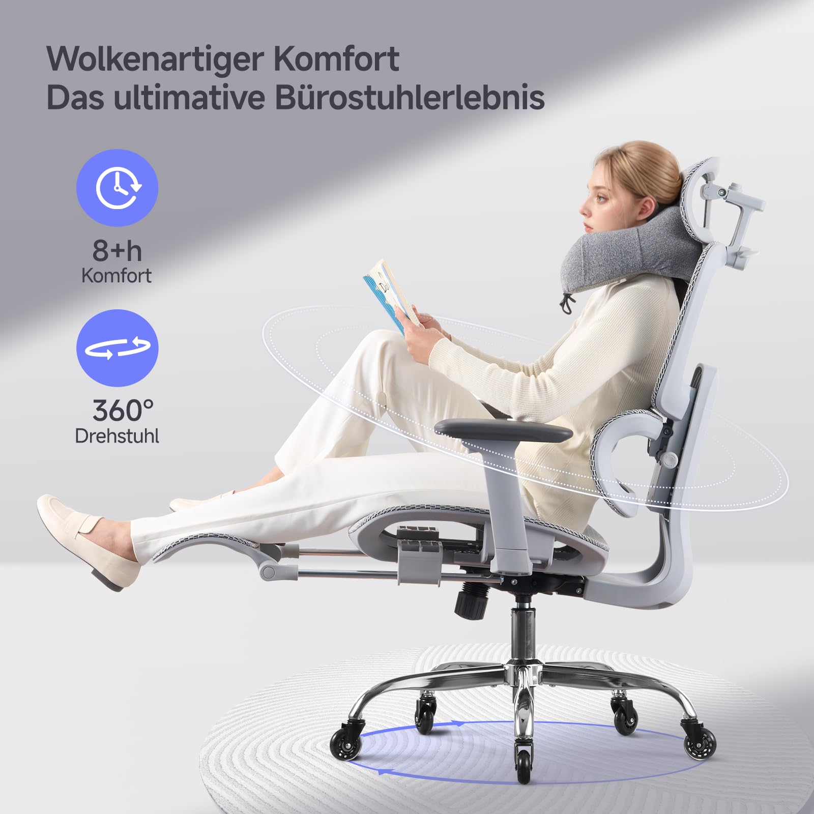 LarkLeaves Ergonomischer Bürostuhl mit Fußstütze & Nackenkissen, 5-Fach Höhenverstellbare Rückenlehne, 2D Lordosenstütze, 3D Armlehnen/Kopfstütze, 145° Neigefunktion, Mesh-Sitz, Gummirollen, Grau