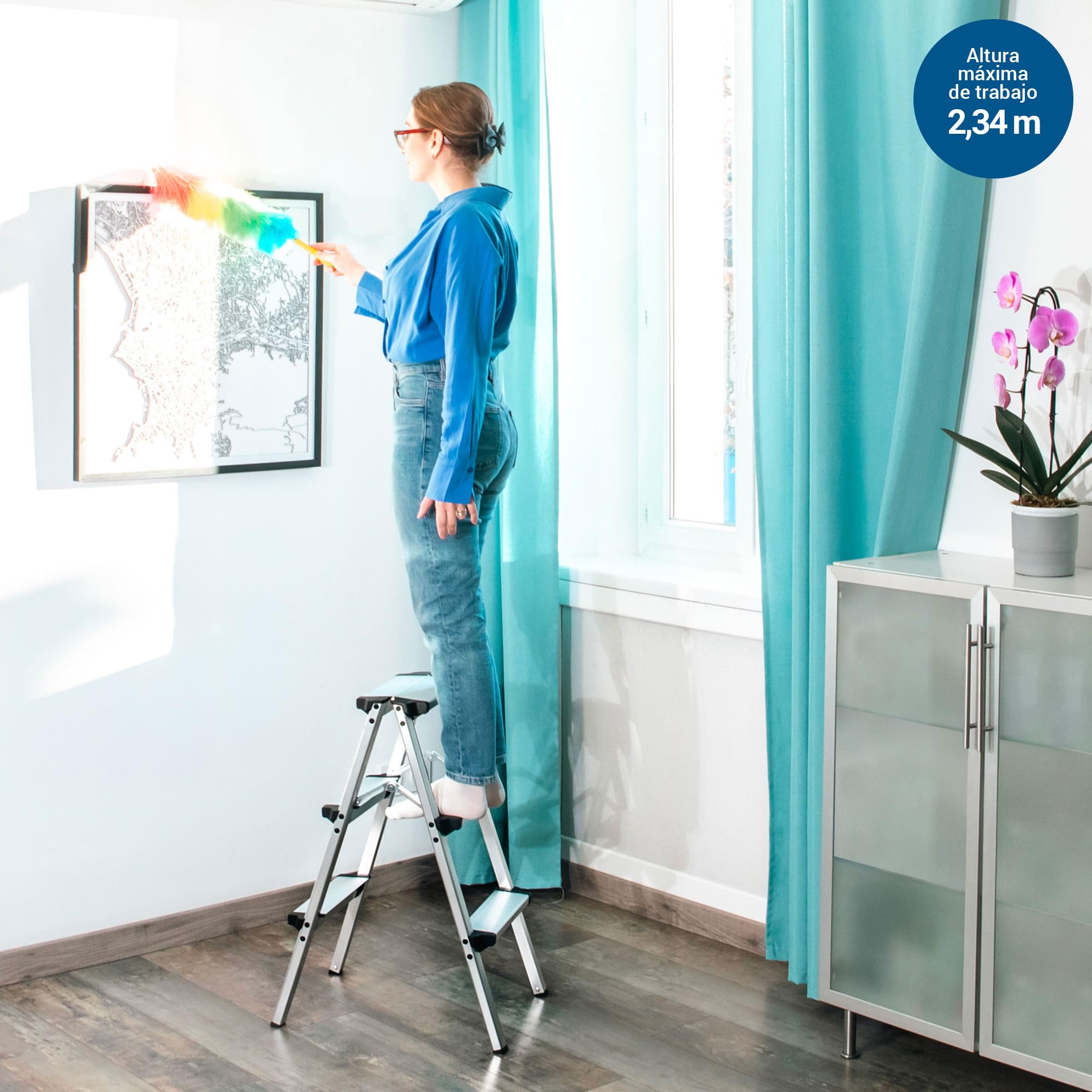 HOSTRÖM Escabeau Marche Pied 3 marches HOMILIX3, Petit escabeau Pliable, Aluminium, Design Compact et Robuste, H Max Travail 2,34m, 5 Ans Garantie