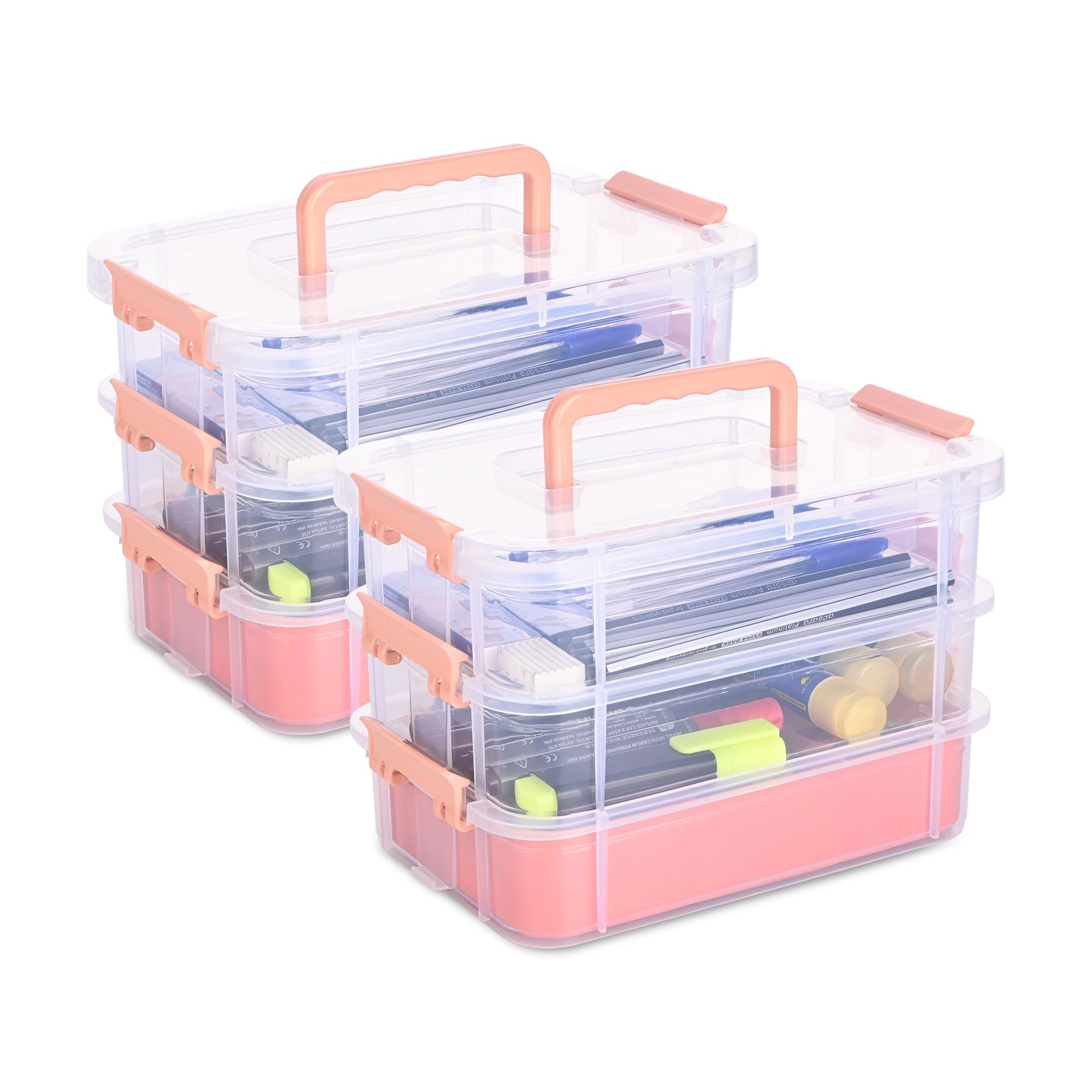 Kuber Industries 2 Pcs Transparent Stackable Storage Box with Lid | 3-Layer Medicine & Stationary Organizers Box for Home | Detachable Organizer for Jewellery, Sewing Button, Arts & Crafts | Peach