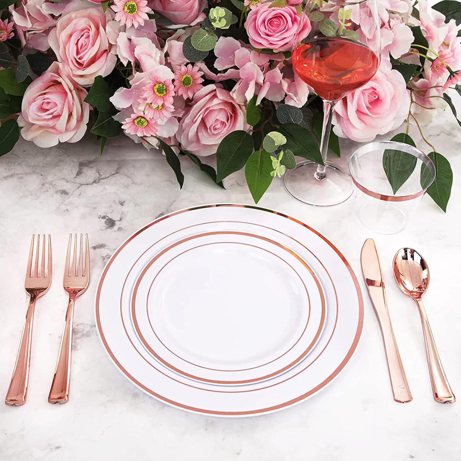 Sylans 700 Piece Dinnerware Set for Wedding & Party,100 Guest RimPlastic Plates,100 Plastic Silverware,100 Cups,100 Linen Like Napkins (Rose Glod) ypj - Image 4