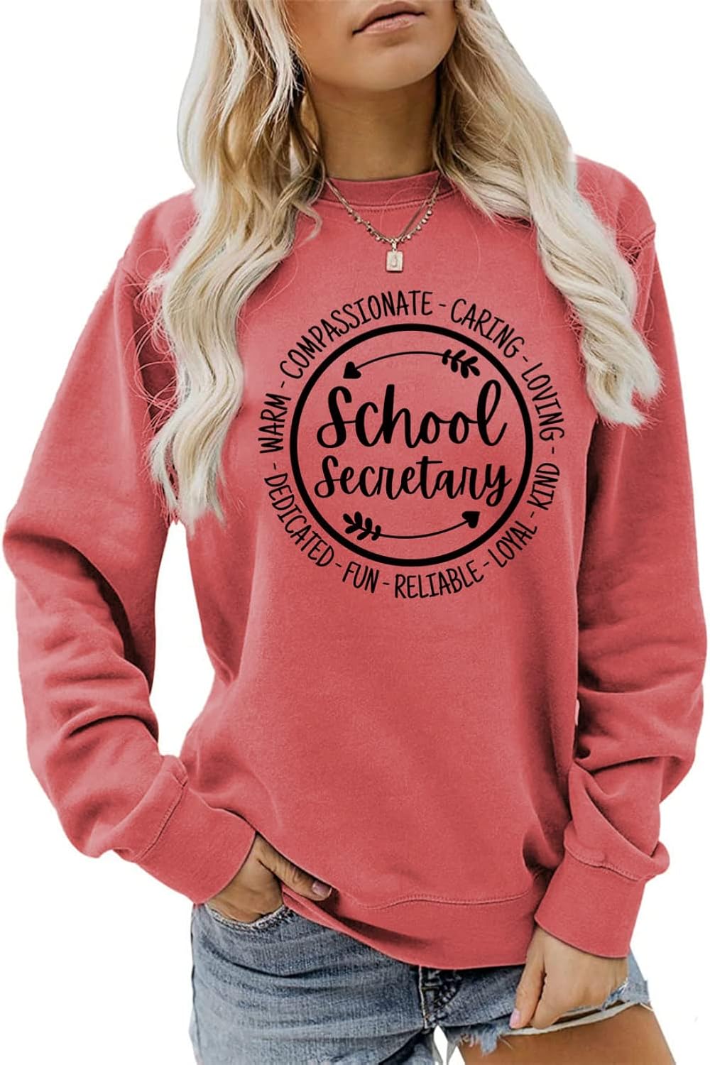 MEKOTSK School Secretary Sweatshirt Women Funny Letter Graphic Shirts Long Sleeve Crew Neck Lightweight Pullover Tops