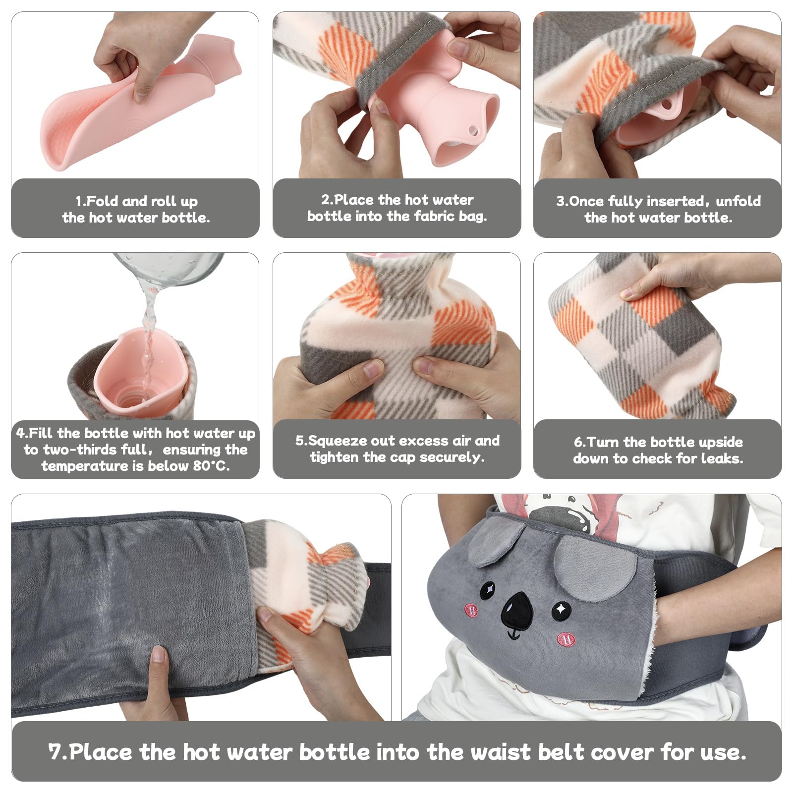 Bolsa de agua caliente 1L 120cm - bolsa agua caliente Koala con funda y cinturón lumbar, suave y cómodo, apto para cuello, hombros, espalda, piernas y cintura