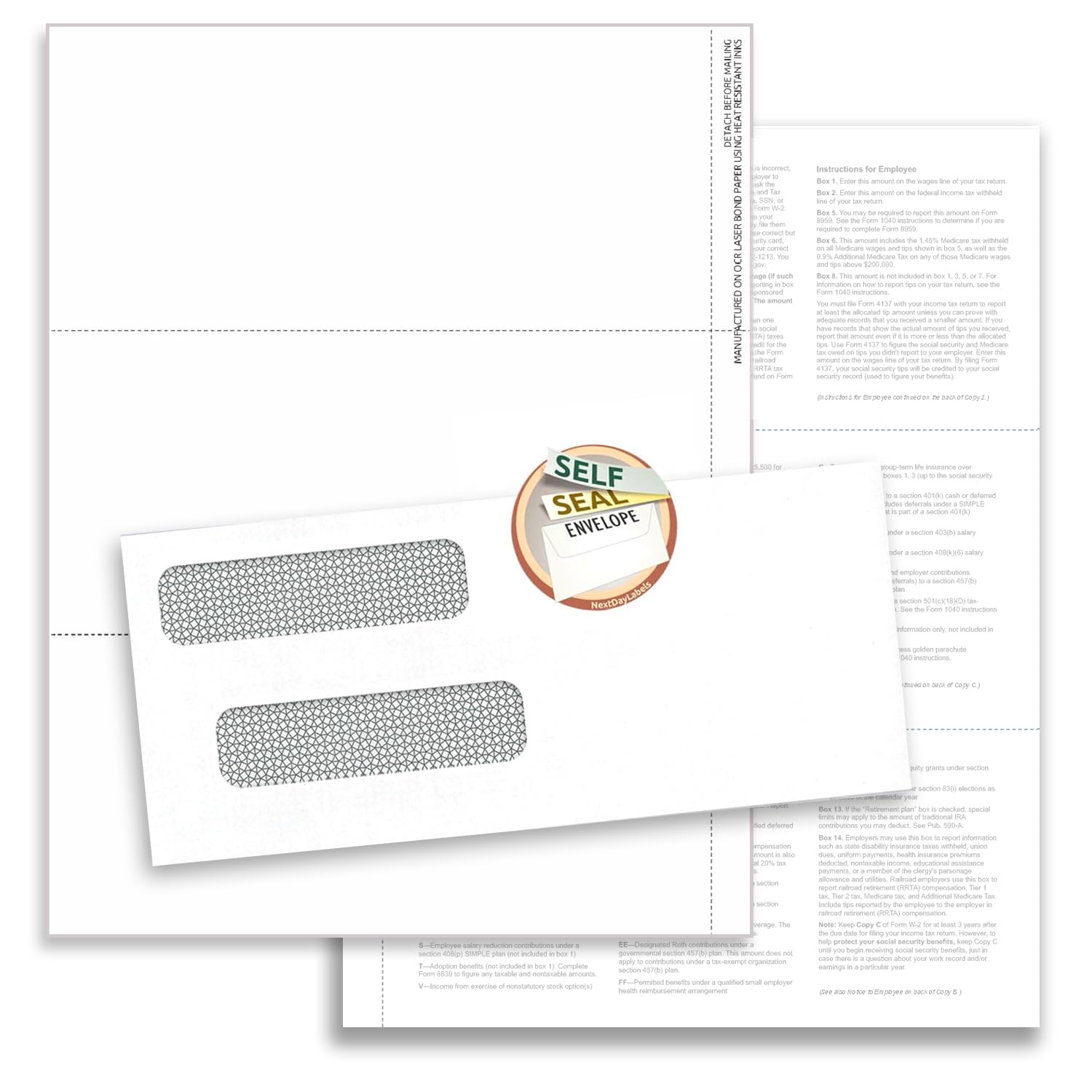 NextDayLabels - W-2 3-Up Employee Tax Forms, Instructions on Back" for 2025, for Laser/Inkjet Printer. Compatible with QuickBooks and Accounting Software ETC. Pack of 100 Sheets & Self Seal Envelopes