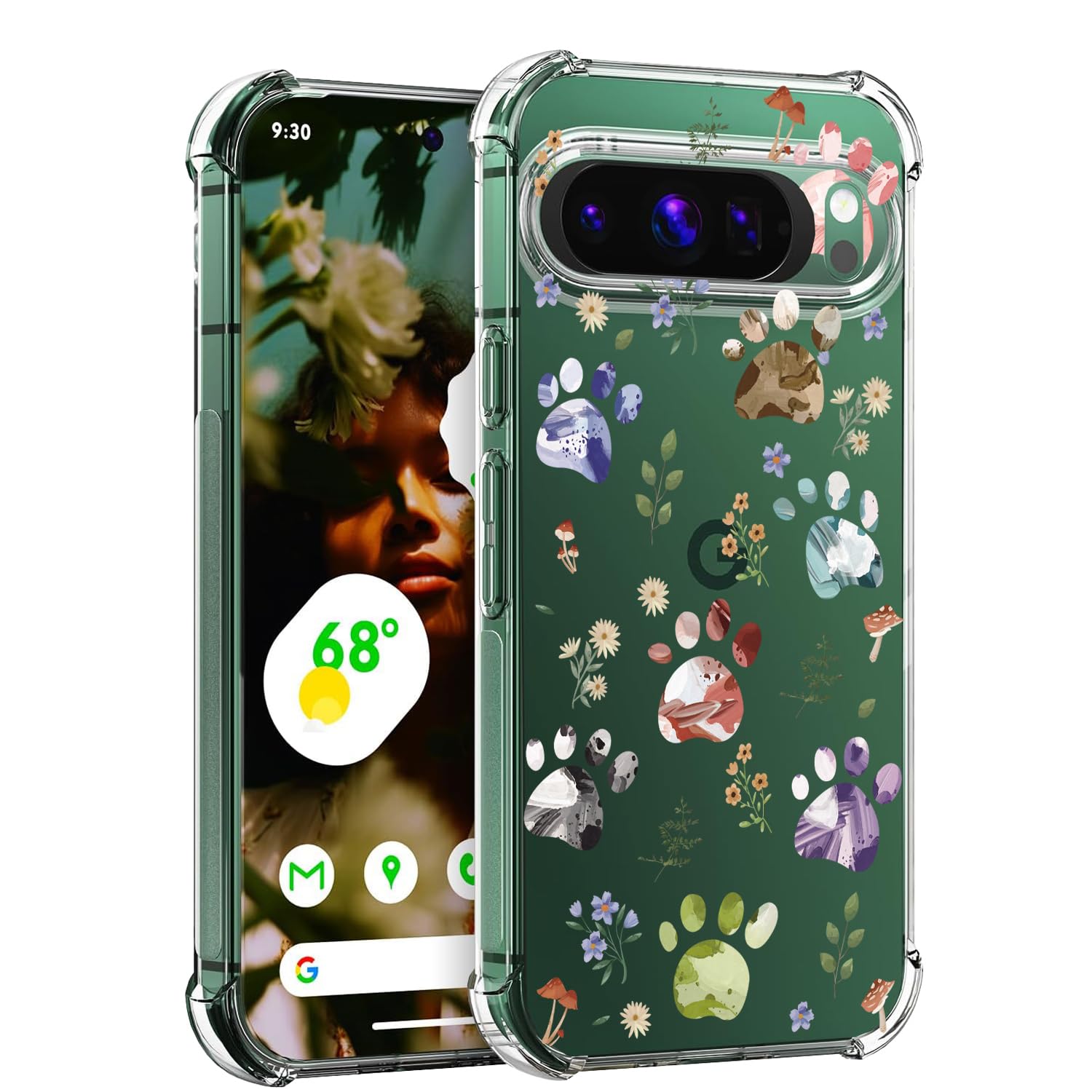 for Google Pixel 9 Pro XL Case: Clear Cute Flowers Floral Design for Girls Women Slim Soft TPU Bumper Shockproof Silicone Cell Phone Cover 9pro XL 5G 2024 (Dog Paw/Garden)