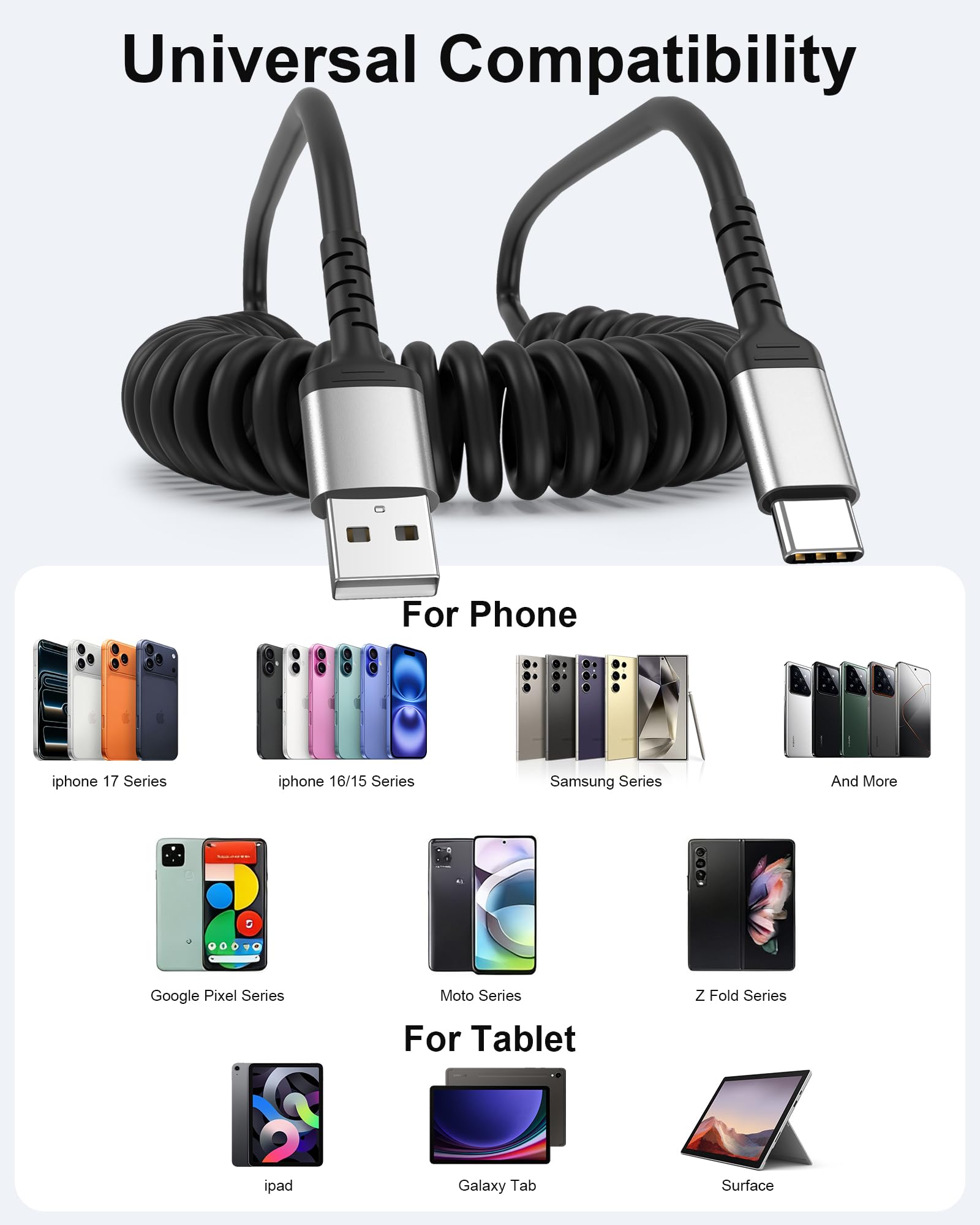 Car Carplay - Cavo a spirale da USB A a USB C per Android Auto CarPlay, cavo USB C per ricarica rapida per iPhone 17 16 15 Samsung Galaxy S25 S24 S23, cavo USB C a spirale, confezione da 2