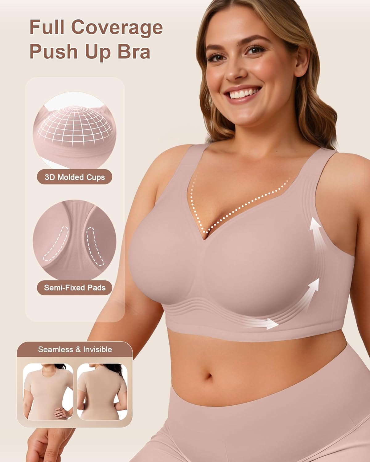 Wireless Jelly No Underwire Supportive Push Up Full Coverage Seamless Comfortable Plus Size Older T-Shirt Bra - Image 2