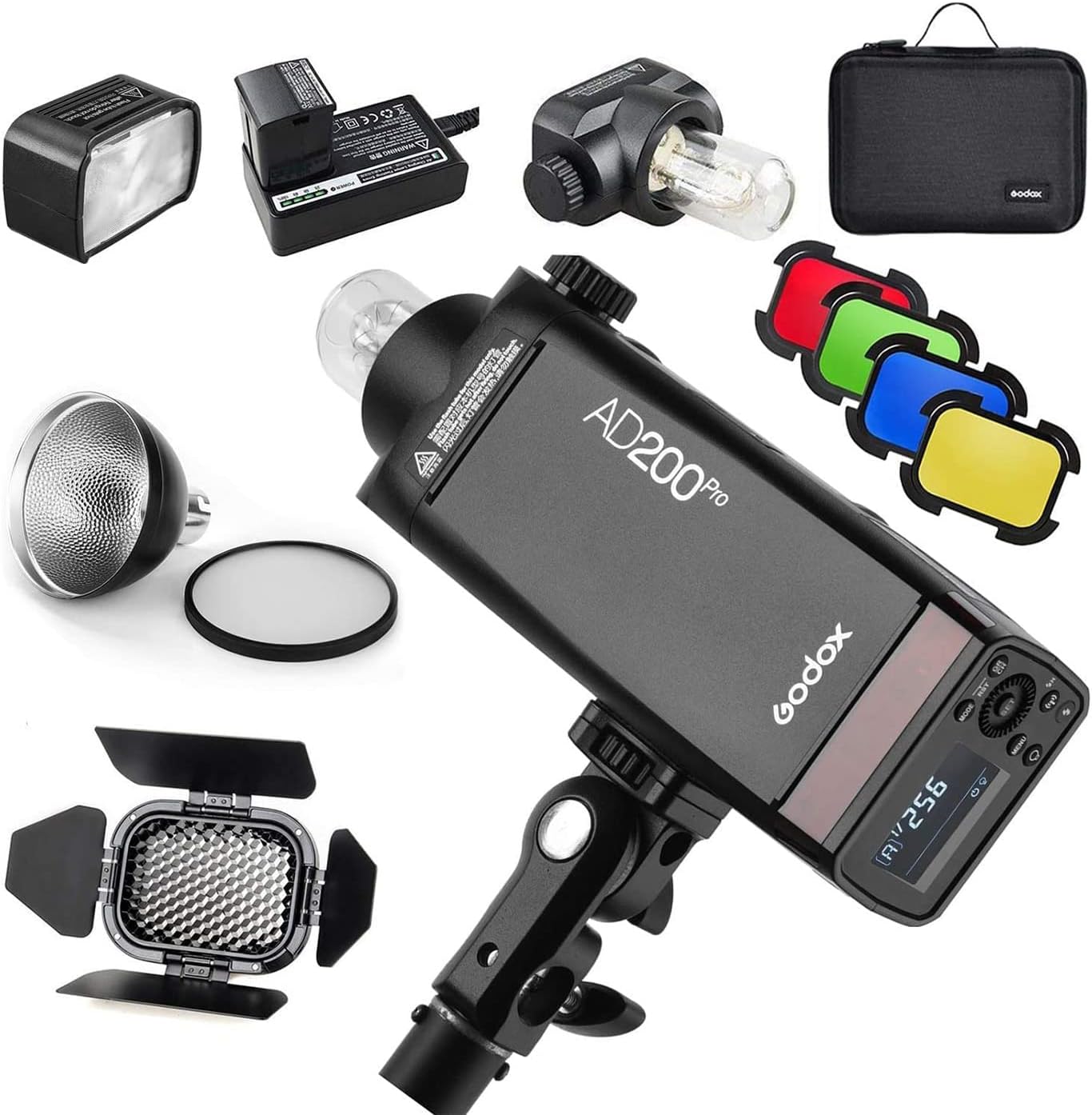 Godox AD200 Pro Godox-AD200Pro GODOX AD200Pro Kit with BD-07 Barn Door & AD-S2 Bracket, 200W 2.4G Speedlite 500 Full Power Flashes, 0.01-1.8s Recycling for Professional Photography