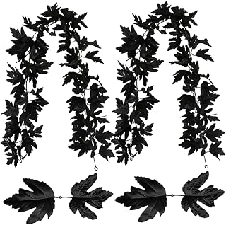 2 Piezas Vines Negros Halloween Hojas de Arce Artificiales Garland 68.9 Pulgadas Colgantes de guirnaldas Negras para Decoraciones de Fiesta de Bodas en el hogar
