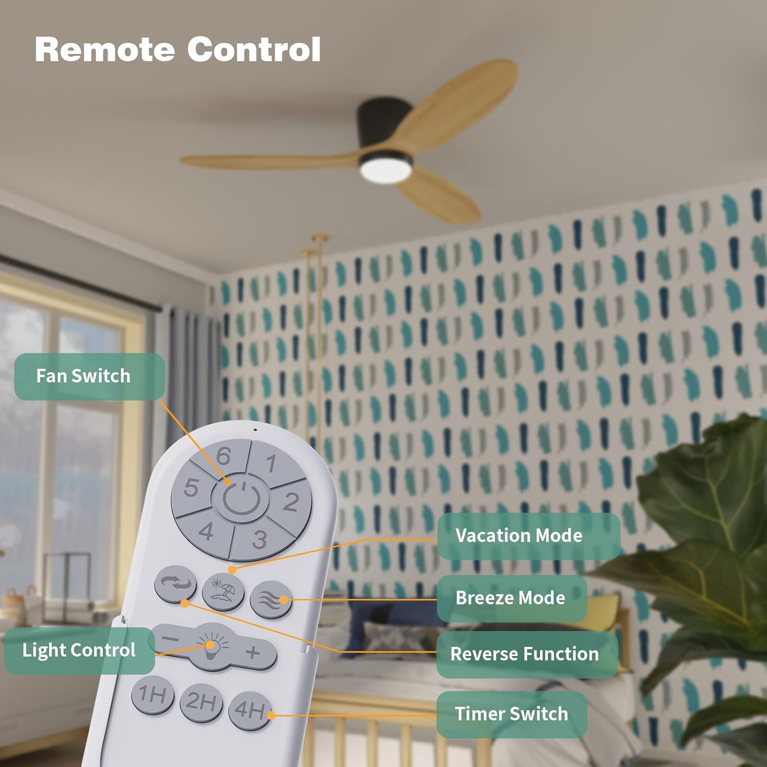 Flush Mount Ceiling Fan with Light, 52 inch Low Profile Ceiling Fans with Remote for Outdoor/Patios, 3 Color Light, 6 Speed, DC Motor, Wood and Modern Matte Black, DOE Certified