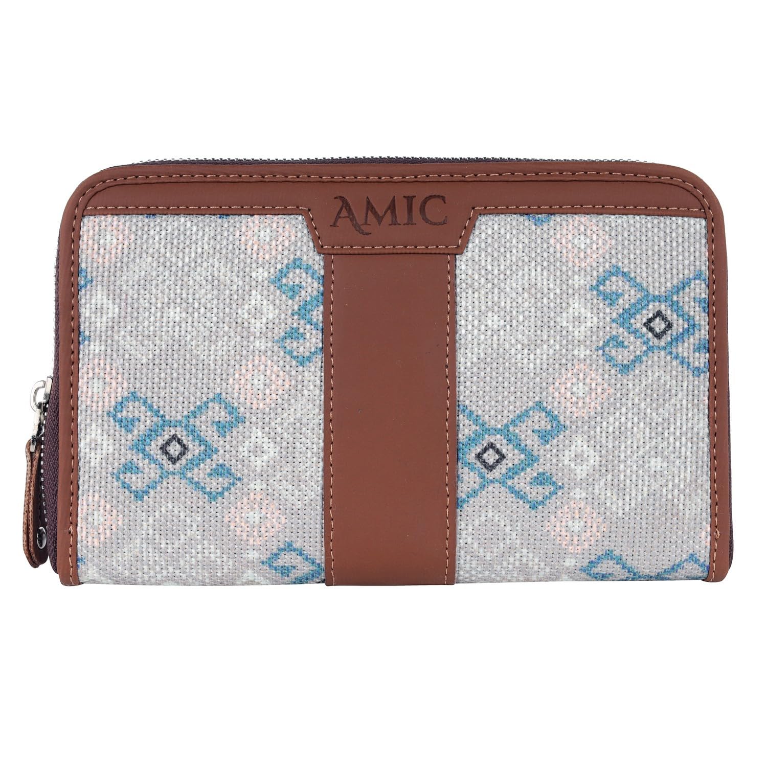 Amic Handcrafted Vegan Leather with Jute Printed Chain Wallet (Grey Floral)