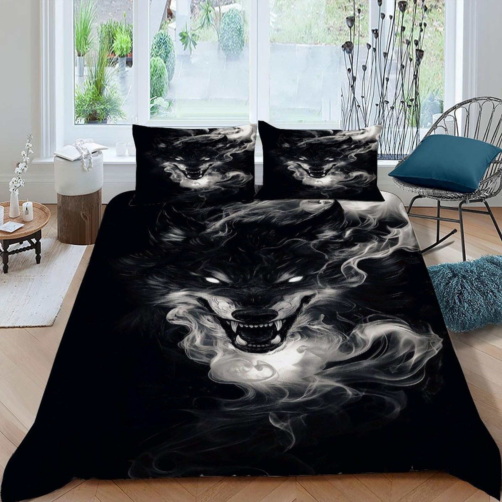 Housse de couette loup en microfibre douce et anti-plis pour grand lit adulte 220x240