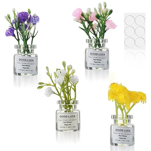 4 PCS Daisy Car Dashboard Decorations Mini Daisy Flowers in Glass Vase Dashboard Decor, Cute Car Accessories for Women Interior Mini Ornament for Rearview Mirror Cup Holder Desk Home Interior