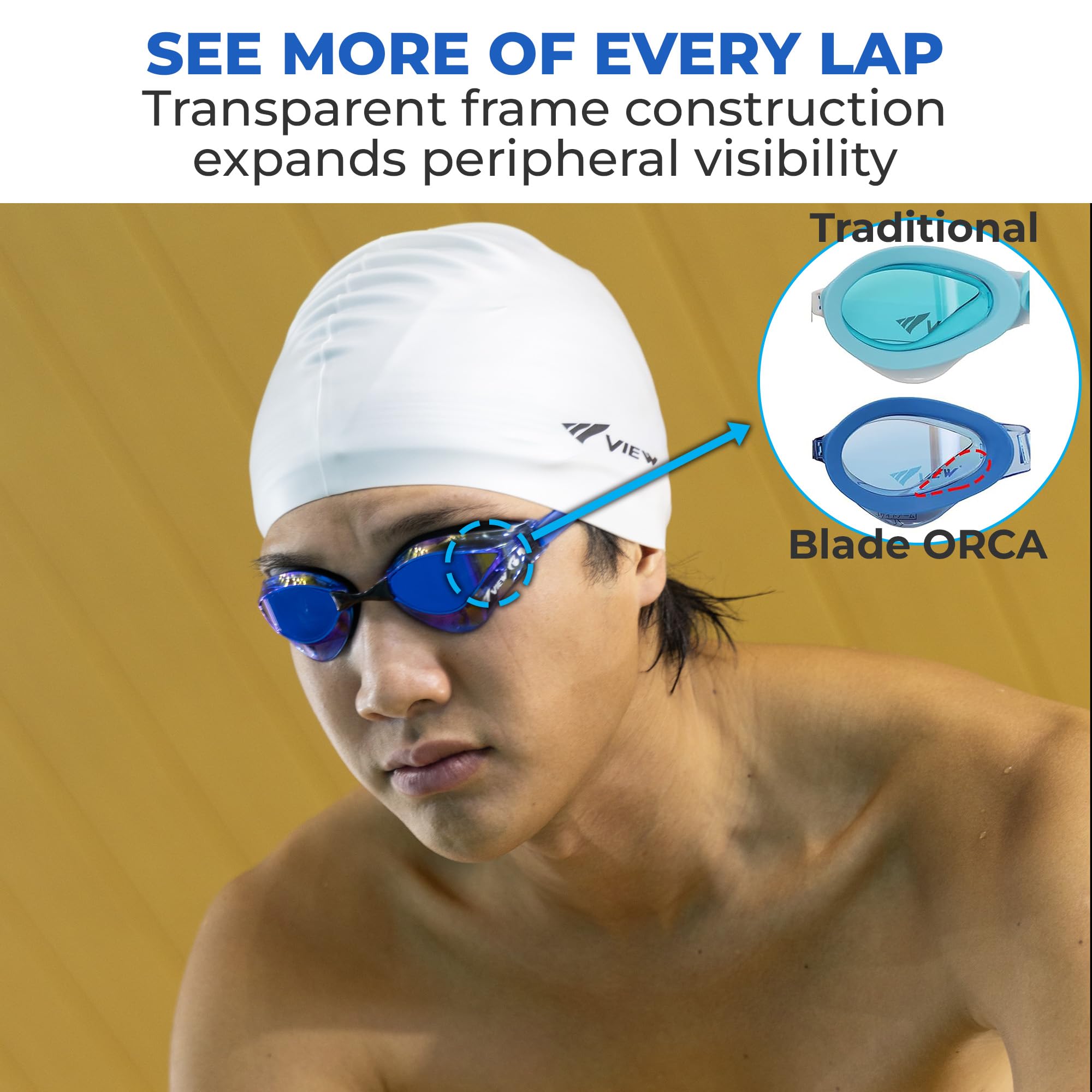 VIEW Swimming Gear V-230ASA Blade Orca SWIPE Racing - Occhiali da nuoto, lenti a specchio blu