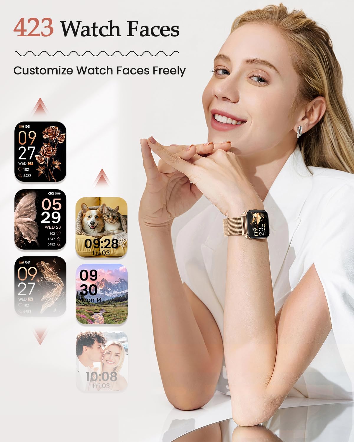 2026 Nuevo Reloj Inteligente Mujer, 1.85" AMOLED Smartwatch con Llamadas Función Femenina, 24H SpO2/Pulsómetro/Sueño,113+ Modos Deportivos 5ATM Calorías Podómetro WhatsApp Android iOS Oro Rosa, Regalo - 3