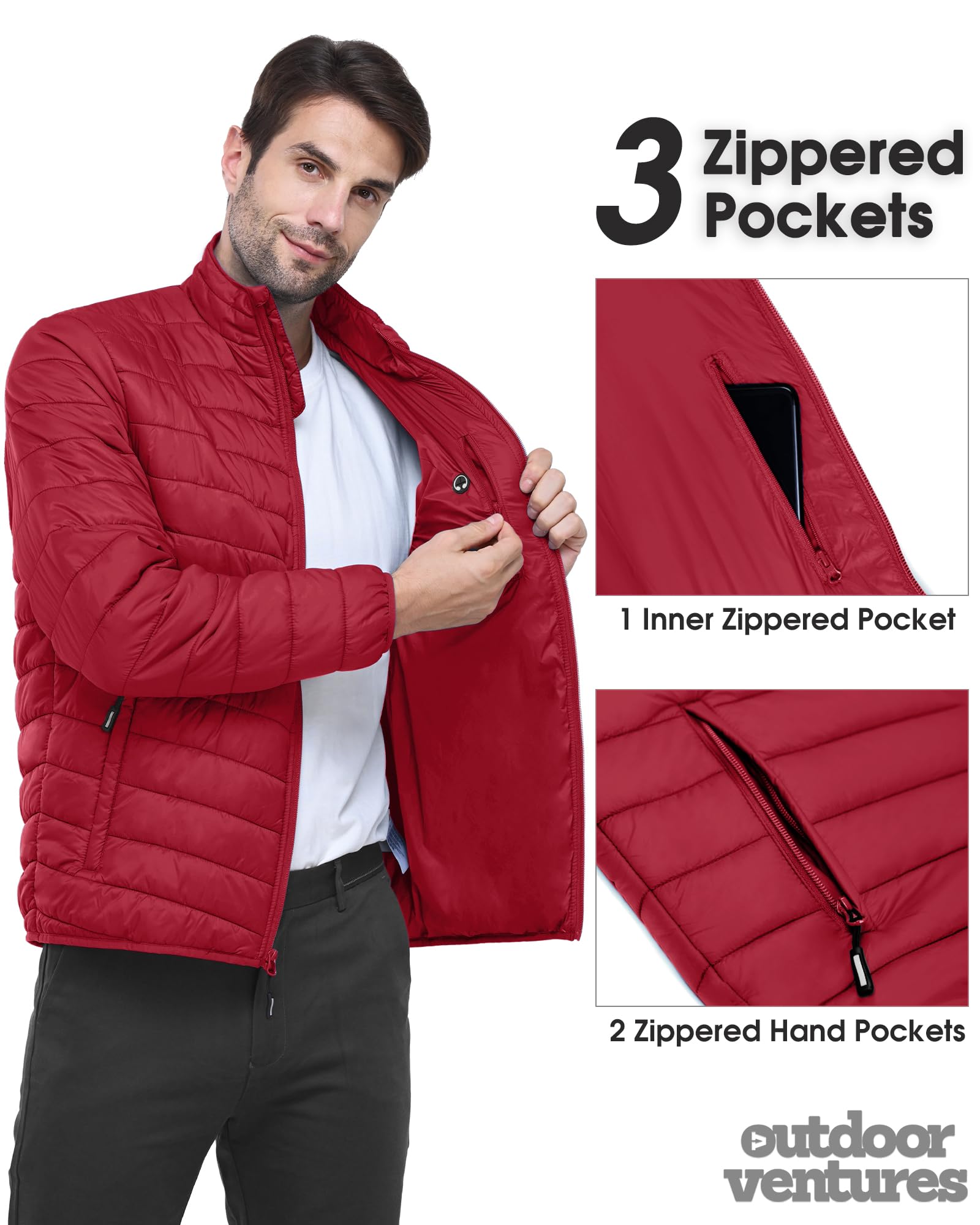 Outdoor Ventures Veste d'hiver matelassée légère et pliable pour homme, manteau bouffant isolé pour neige, ski, randonnée, voyage