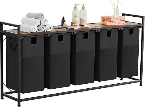 5 Bin Laundry Hamper w/Folding Table, Laundry Basket w/Removable Bags