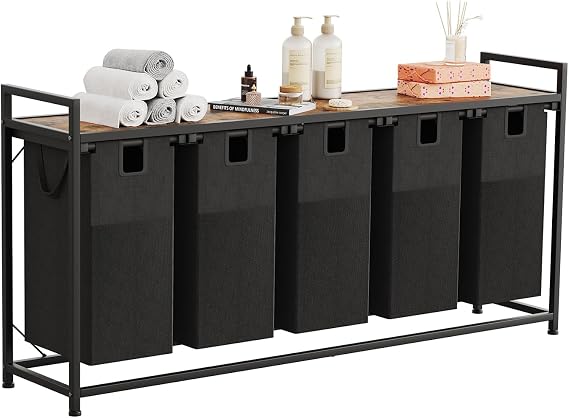 5 Bin Laundry Hamper w/Folding Table, Laundry Basket w/Removable Bags | Laundry Sorter, Heavy Duty with Removable Bags & Side Pockets, Wooden Laundry Station for Bedroom Bathroom