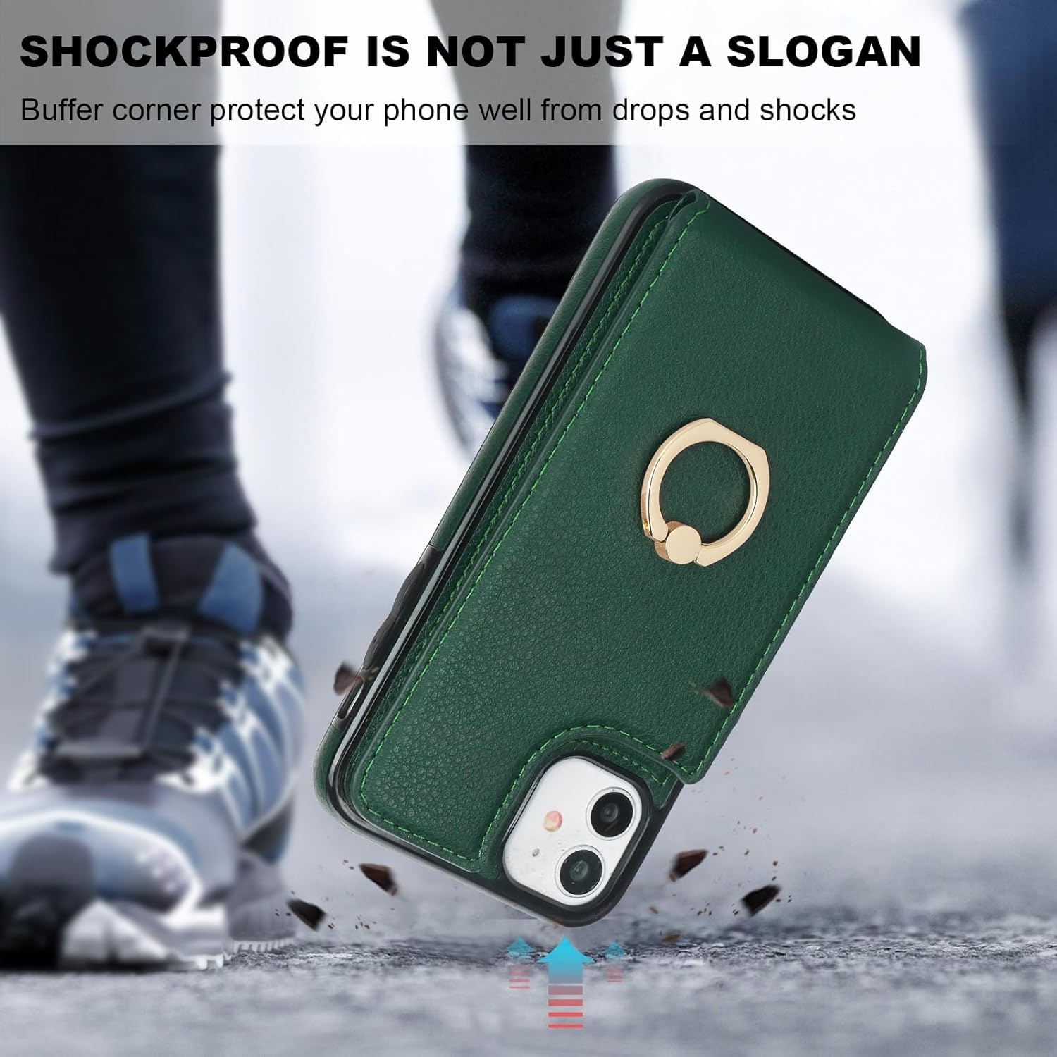 Folosu Compatible with iPhone 11 Case Wallet with Card Holder, 360°Rotation Finger Ring Holder Kickstand Protective RFID Blocking PU Leather Double Buttons Flip Cover 6.1 Inch Dark Green