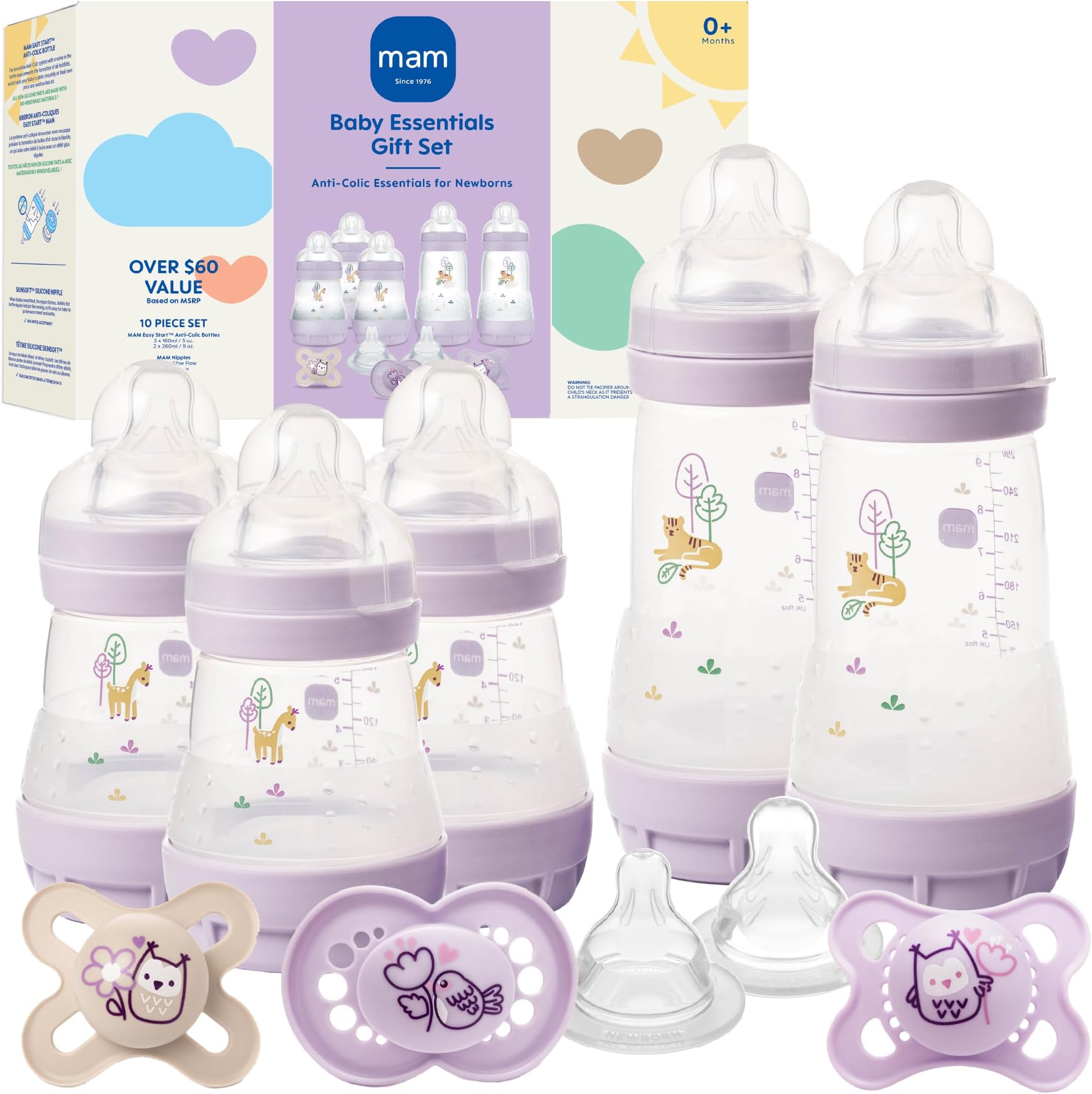 Newborn Essentials "Baby Essentials" Matte Gift Set (9-Piece), Easy Start Anti-Colic Baby Bottles, Baby Pacifiers, Girl