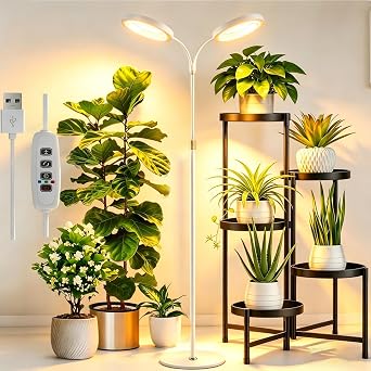 2 Heads Grow Lights for Indoor Plants, 144-Full Spectrum LED Grow Light with Stand, 10 Brightness & Timer 3/9/12H Grow Lamp, 3 Color Modes, 55''66'' Adjustable Height for Large Plant [Energy Class D]
