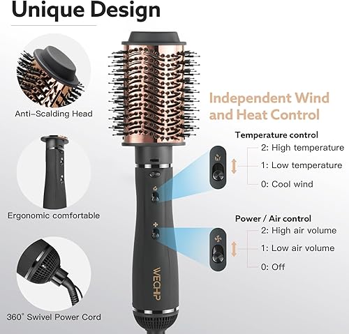 Miniatura 5 de 2 en 1 WeChip Cepillo de aire caliente  Secador de pelo desmontable y secador de iones negativos de cerámica para secar, alisar, rizar, 3 ajustes de