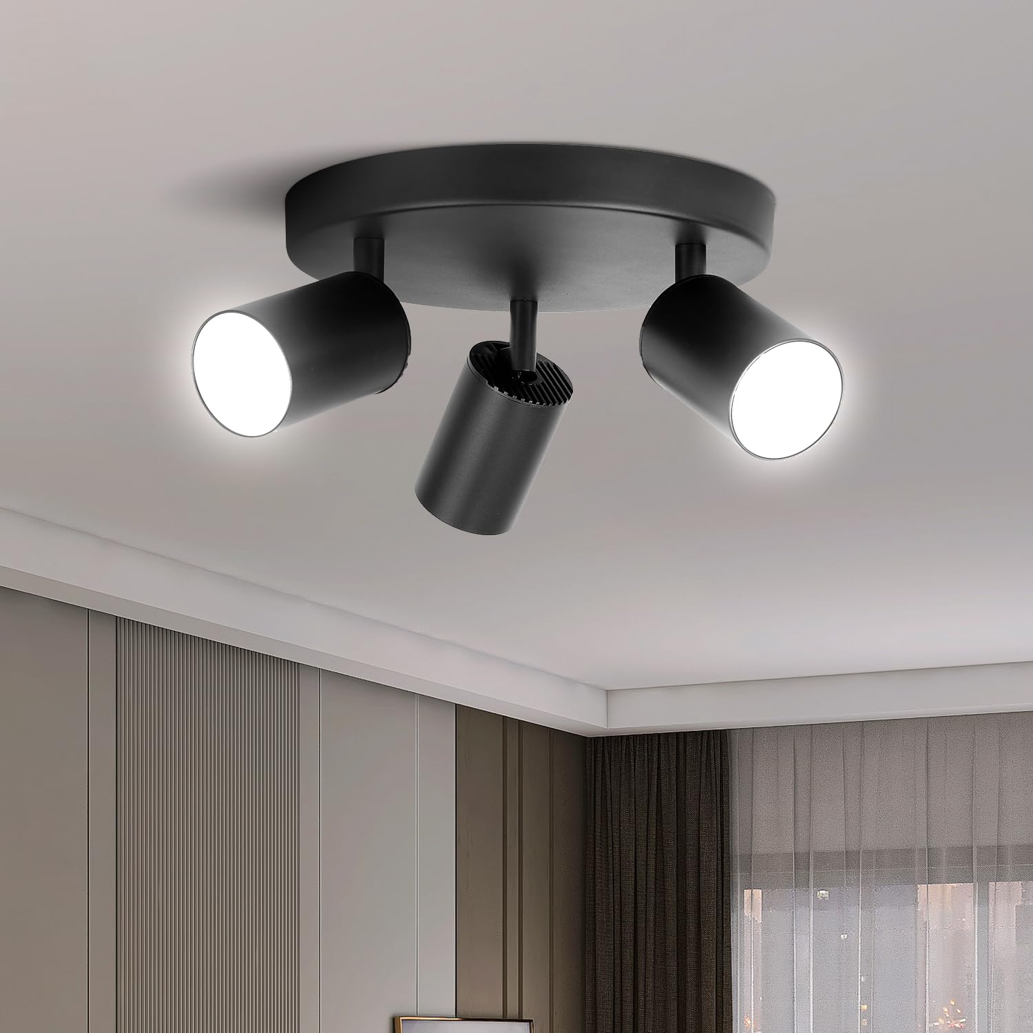 Chenben Ceiling Light With 3 Rotatable Gu10 Spots, Black Indoor Led Ceiling Spotlights, Round Base, Swivel, Led Ceiling Light For Corridors/Dining