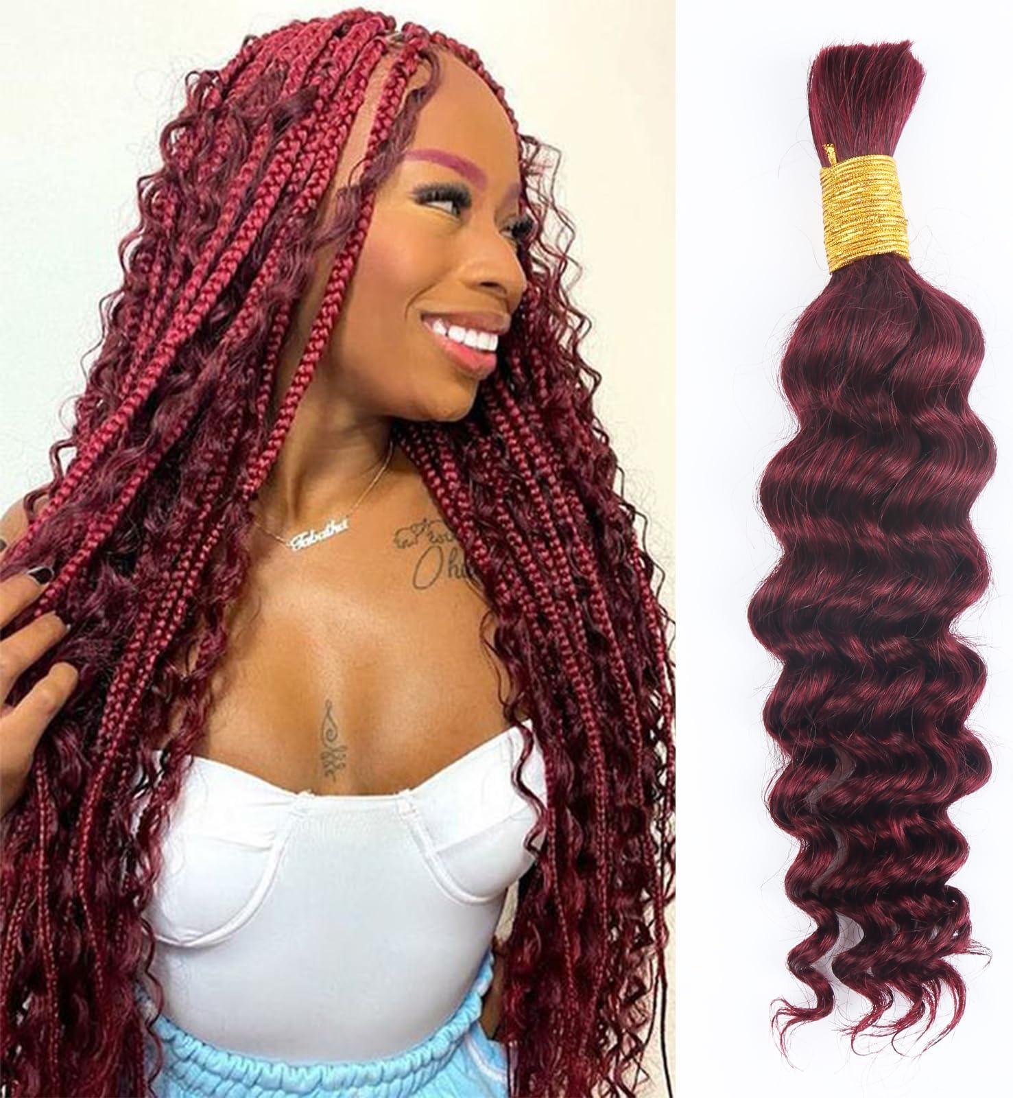 Deep Wave Human Braiding Hair for Boho Braids Burgundy Bulk Human Hair for Braiding Brazilian Wet and Wavy Curly Human Hair Braiding Hair Extensions No Weft Bundles for Braiding 16inch 1 Bundle 50g