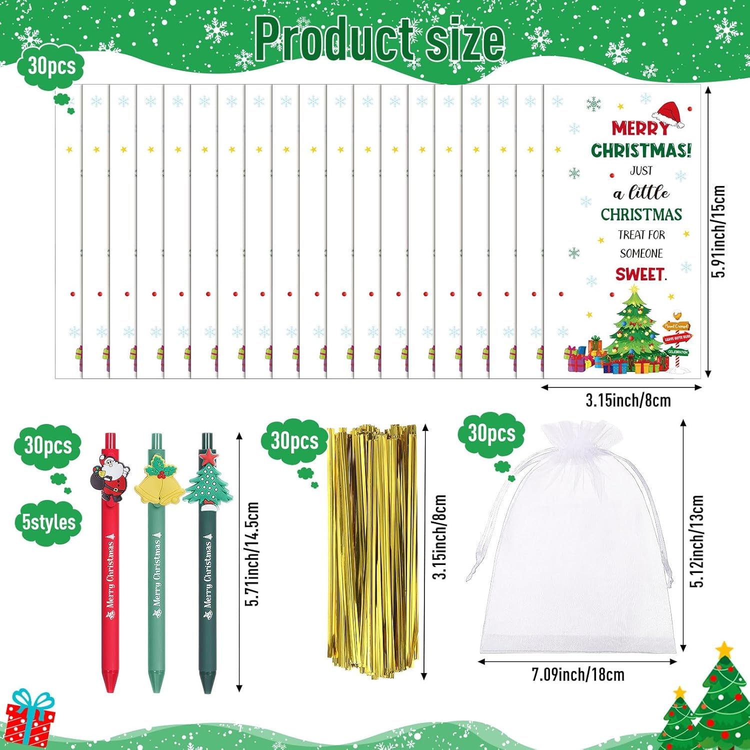 Marspark 30 Set Christmas Gifts Bulk Christmas Ballpoint Pens and Greeting Cards Set with Bag Twist Ties for Employee Coworker Teacher Student School Office Home Party Favor