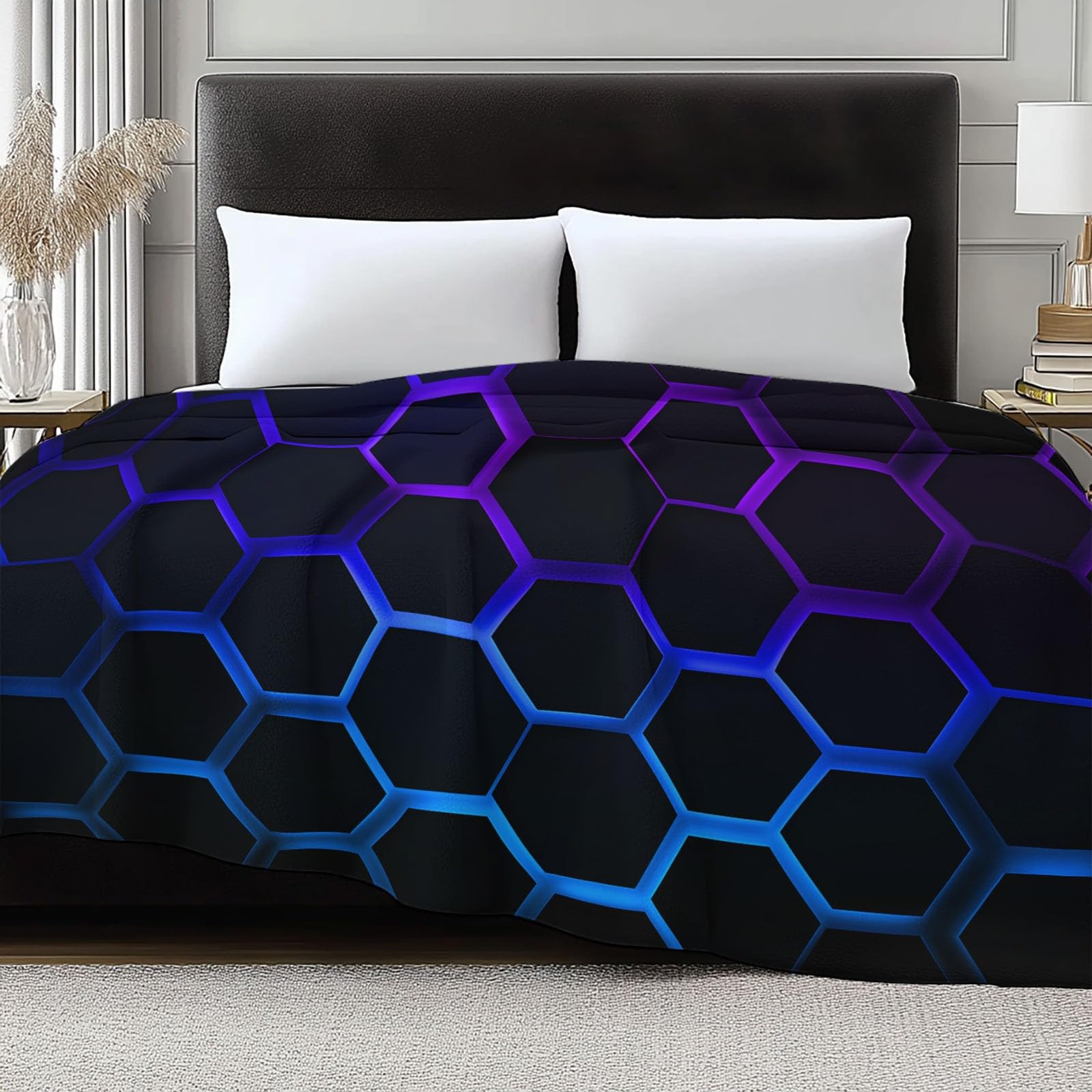 Generico Coperta Peluche Morbido Nero per Divano Sedia, Morbidi Coperte Plaid Flanella Neon Poligoni Geometria - Caldo Trapuntino Sherpa Peluche Morbido Copriletto Letto, 180 x 200 cm