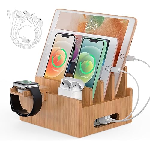 Pezin & Hulin Cell Phone Charging Stations, Bamboo Dock Organizer for Multi Devices, Tablets, Smart Watch, with Pack 5 Cables, No Power Charger Supply