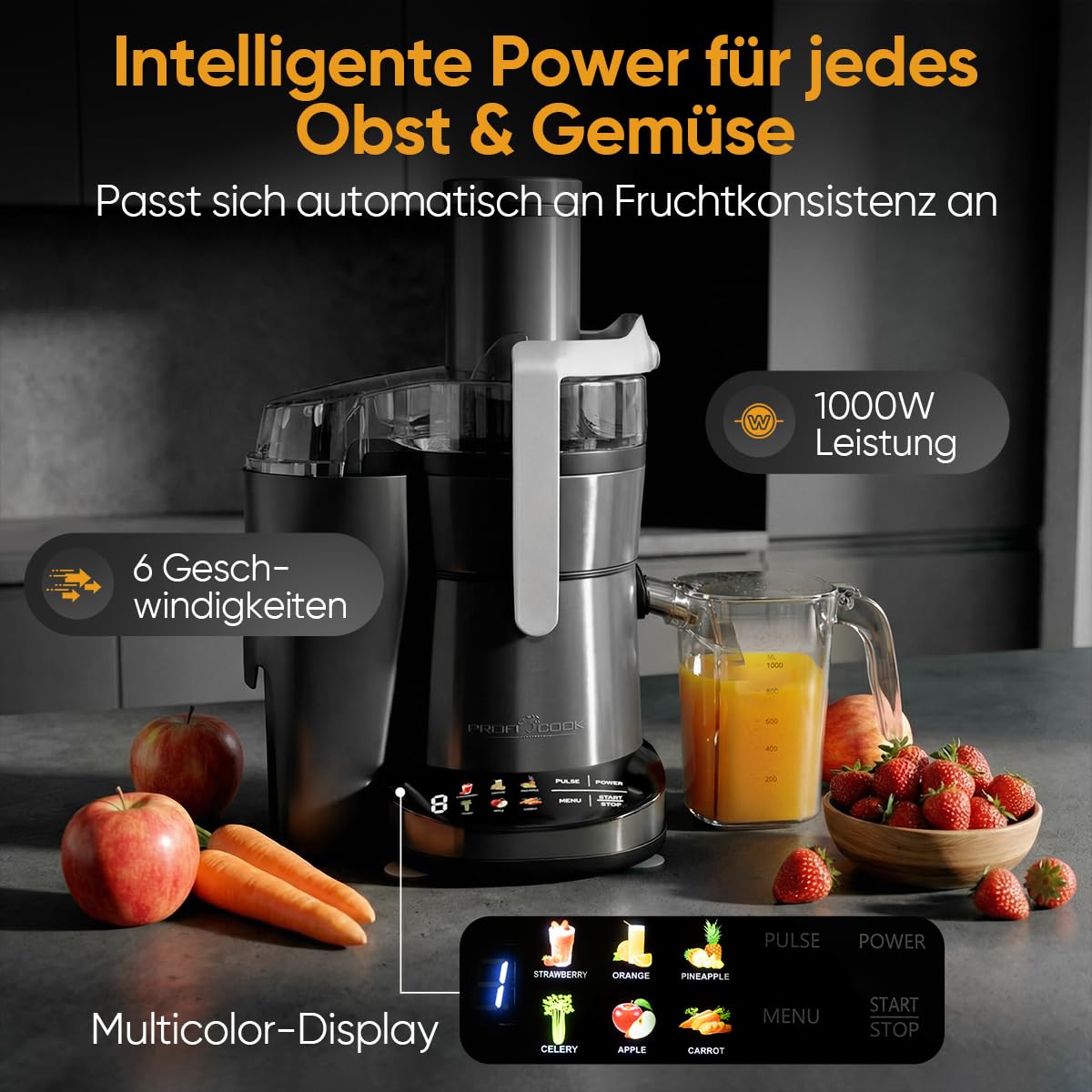 ProfiCook® Entsafter | leicht zu reinigender Slow Juicer | XXL-Einfüllschacht | 1000W Longlife-Motor | feines Mikrosieb | Touch-Display | 6 Stufen | Saftpresse | inkl. Reinigungsbürste | PC AE 1326