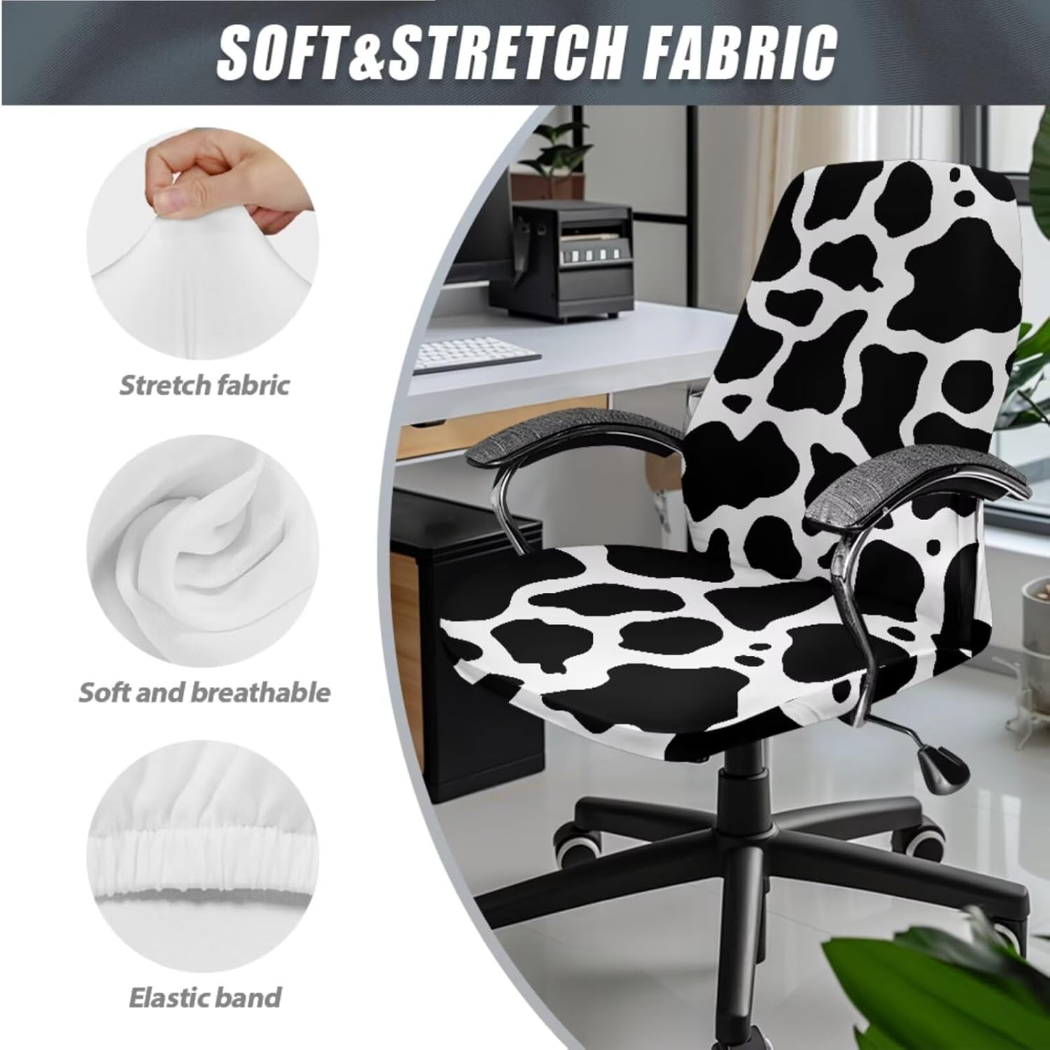 Milk Cow Print Office Chair Cover, 3 PCS Washable Computer Chair Slipcovers with Arm Covers Thick High Back Chair Slipcover Universal Desk Chair Seat Protector-L