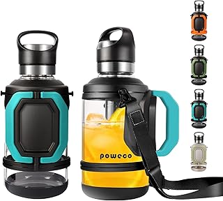 2L Glass Water Bottle Jug with Handle and Strap - 64oz Large, Half Gallon, BPA Free, Borosilicate Glass, Wide Mouth, Stain...