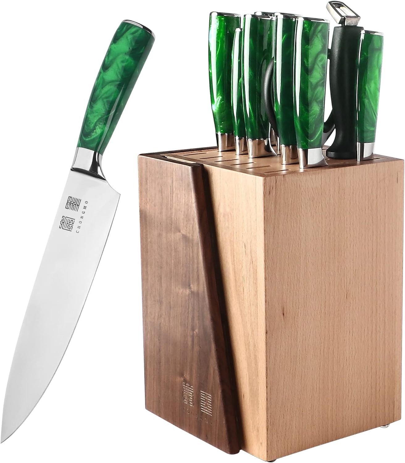 Knife Set - 11 Piece Professional Kitchen Knife Set, German High Carbon Steel Chef Knife Set, Green Resin Handle Knife Set with Solid Wood Stand, Kitchen Knife Set