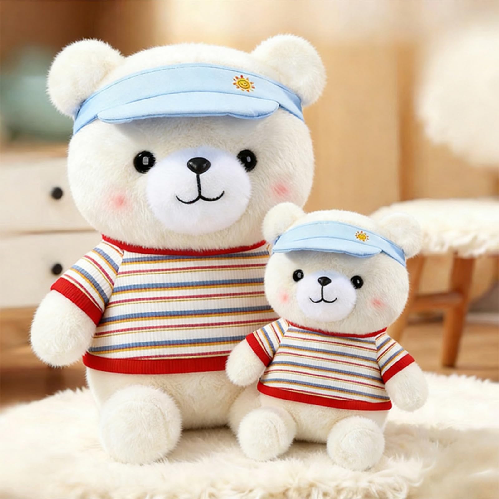 Teddy Bär Kuscheltier, Weiches Bären Plüschtier mit Sonnenkappe Gestreiftem Shirt, Niedlicher Bär Stofftier Geschenk für Mädchen & Kinder (53cm,Hong)