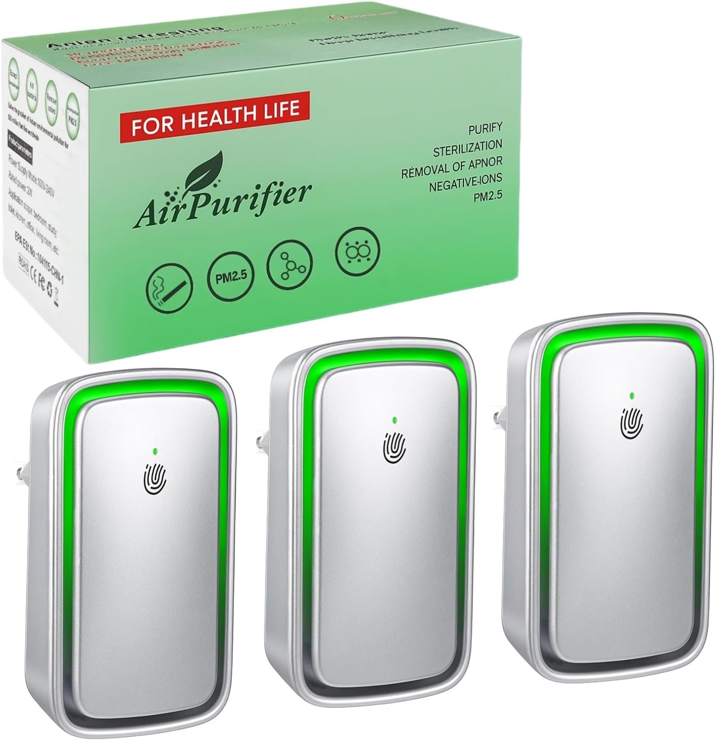Purificador de Aire Ionico Enchufable 3 Paquetes Plata