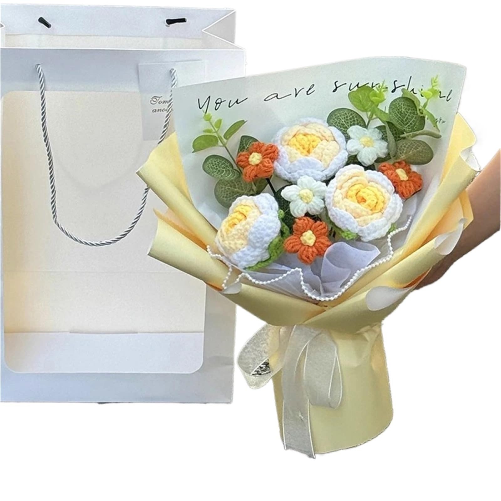 FCfpxwtz Artificial Crochet Flower, Hand Knitted Crochet Graduation Flower Bouquet Multicolor With Gift Bag(Yellow)