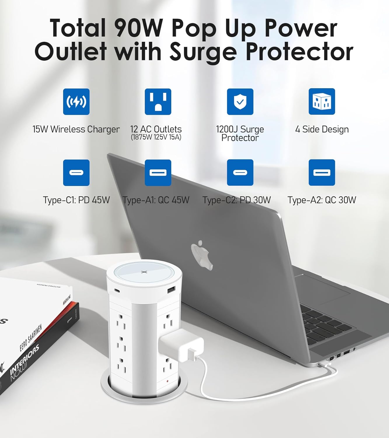 ANNQUAN 4" Pop Up Receptacle Countertop Outlet,75W Power Delivery,Total 90W Pop Up Outlet with 15W Wireless Charger,12 Outlets,4 USB,1200J