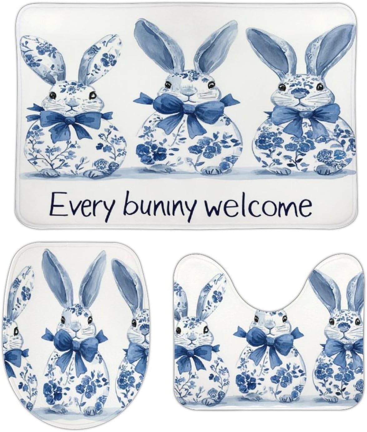 Chinoiserie Blue Bunnies Bathroom Rugs Mats Sets 3 Piece Spring Floral Rabbit U-Shape Contoured Toilet Lid Cover Mat Contoured for Toilet Lid Toilet Cover and Carpet Rug 20"x32"