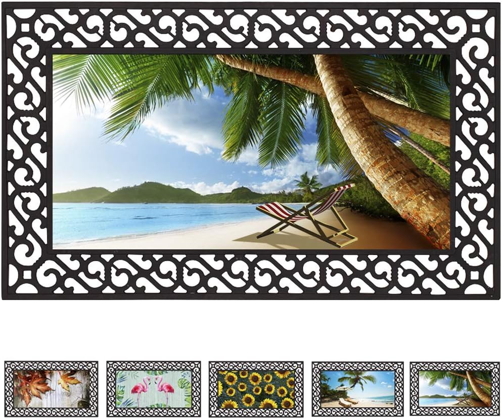 Rubber Welcome Door Mat, Decorative Indoor Outdoor Doormat Non Slip Front Door Mat, Easy to Clean Low Profile Mat for Entry Patio Garage High Traffic Areas, 17.7" x 29.5" (Seaside B)