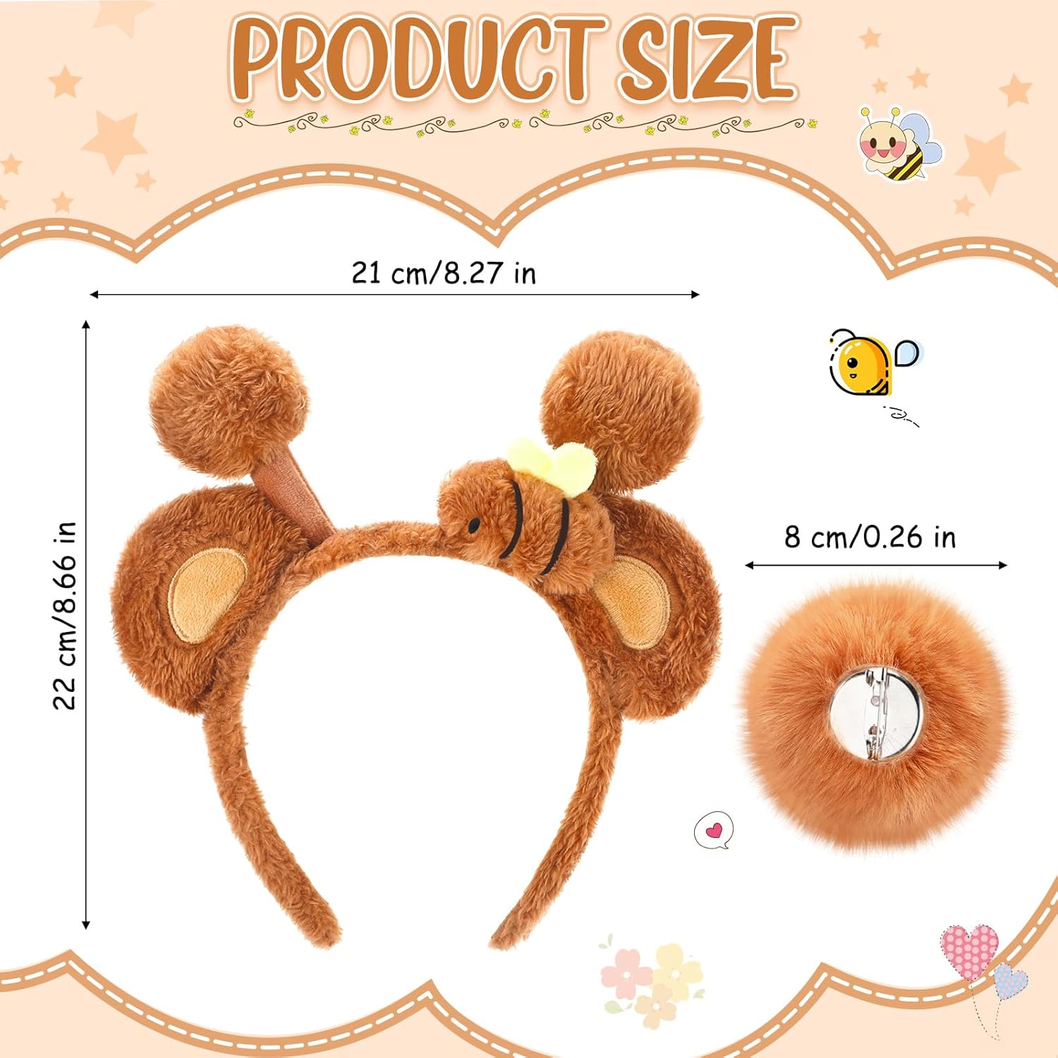 Bear Ears Headband and Tail Set Halloween Bear Bee Animal Costume Cute Plush Honey Ears Head Band Tail for Adults Cosplay Party Headwear Accessories - Image 2
